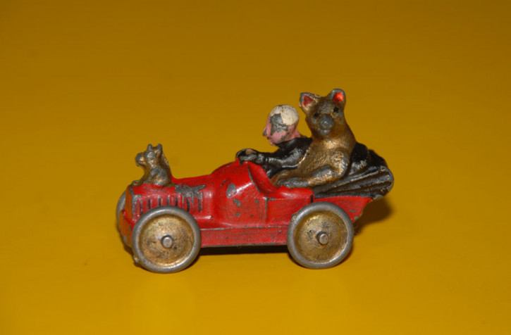 antikes Penny Toy Metallguß Oldtimer mit Bär * um 1900-1920