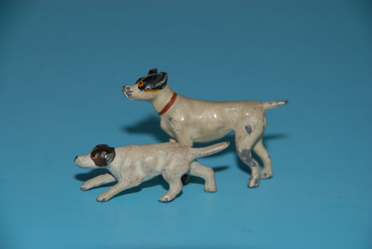 2 Miniatur Zinn Hunde * Terrier * Georg Heyde Dresden um 1900