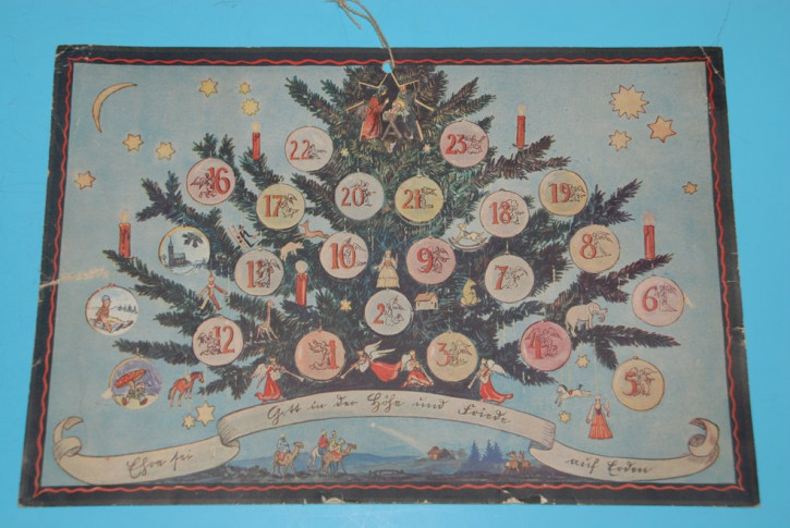 antiker Weihnachtskalender mit geschmückten Christbaum * 20er J.