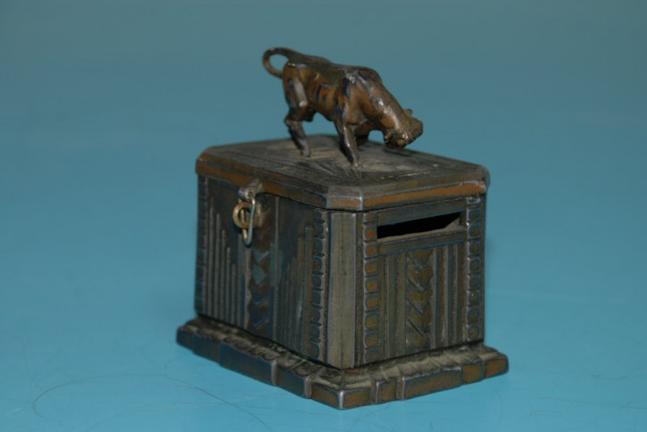 antique metal cast money box with bull * Art Deco * twenties