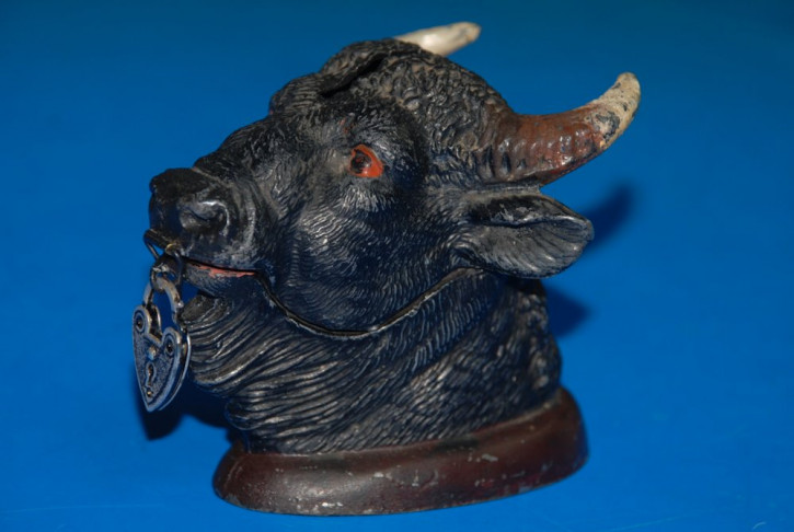 antique money box metal cast Buffalo head * Georg Heyde at 1900