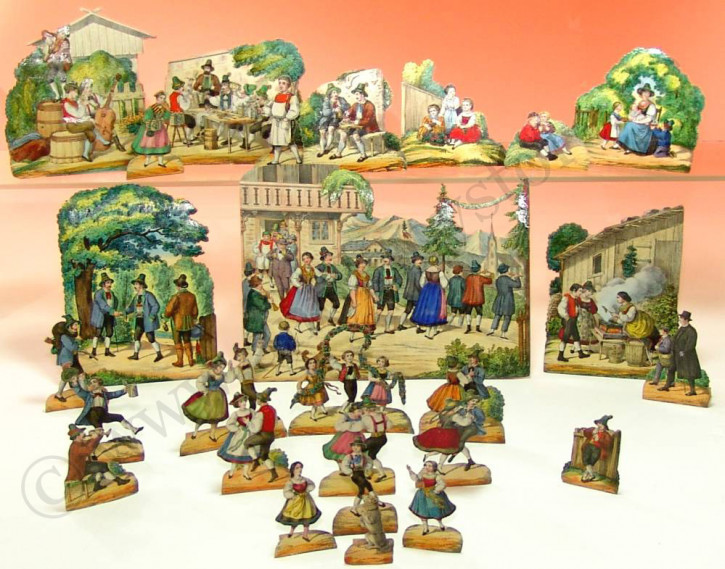 uralt Biedermeier Aufstell-Diorama Bayr. Volksfest * 1860-1880