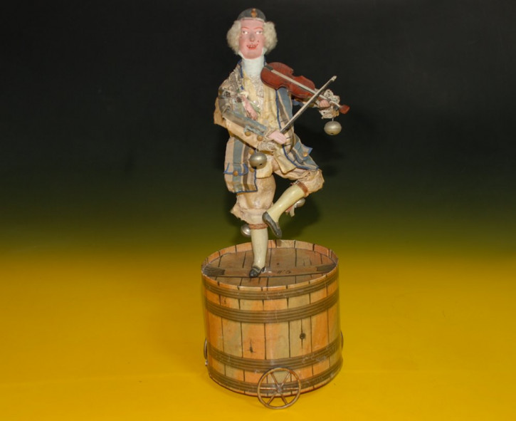 Clown playing machine violin on barrel standing * height 14.8 inch * France at 1850-1860