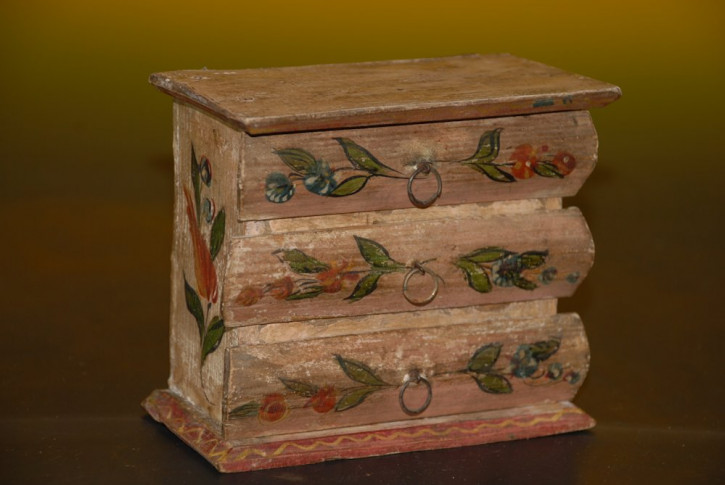 uralte Biedermeier Miniatur Kommode mit Blumenmalerei * Sonneberg um 1840-1850