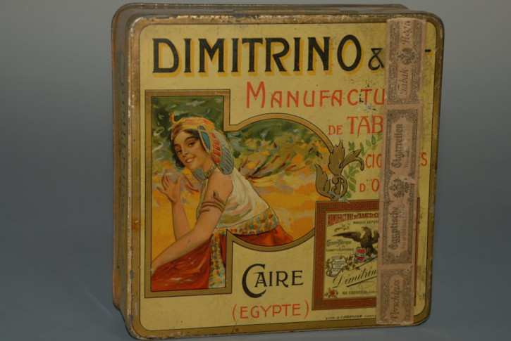 DIMITRINO 100er CIGARETTES Blechdose mit Frauenmotiv * Litho. um 1900