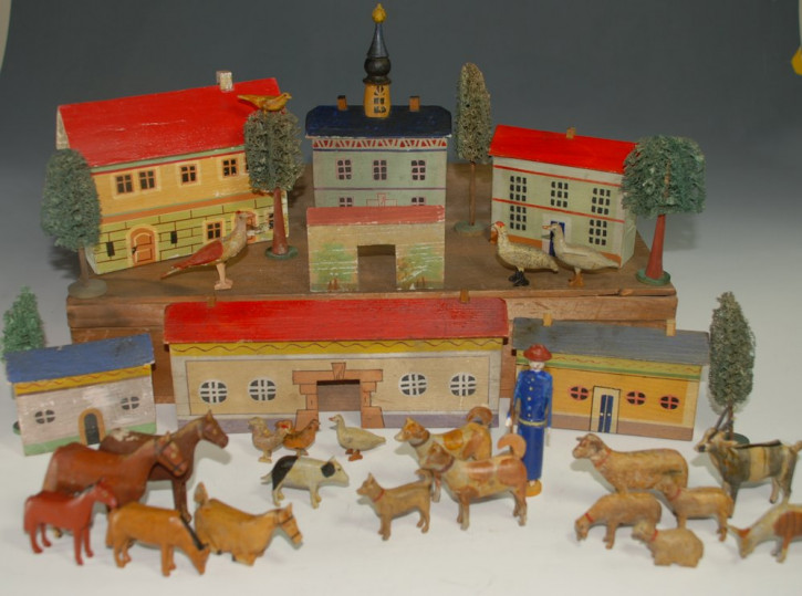 antique Erzgebirge village into wooden box * 35 part * Seiffen at 1880