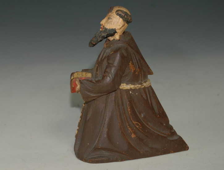 antique shaking head figure kneeling monk carved with prayer book * wood South German at 1840