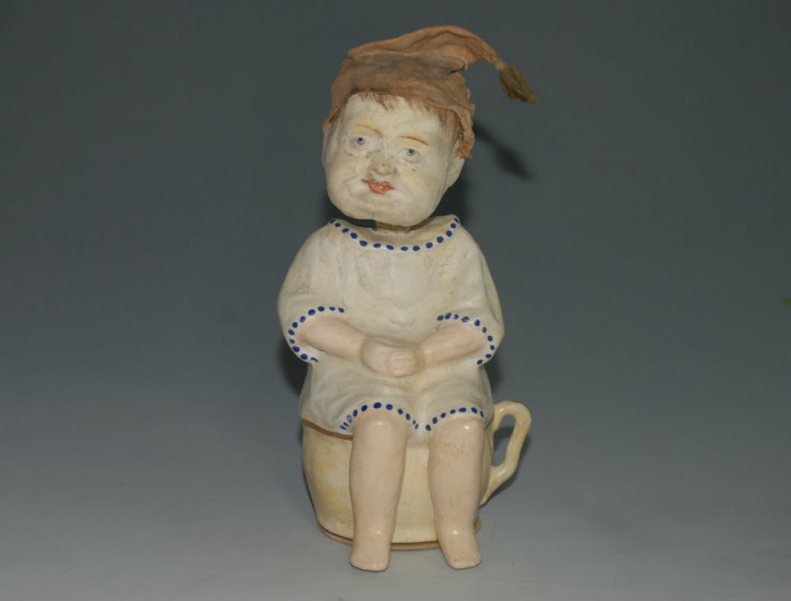 antique shaking head figure boy on chamber pot sitting * papier-mâché Sonneberg at 1860-1880