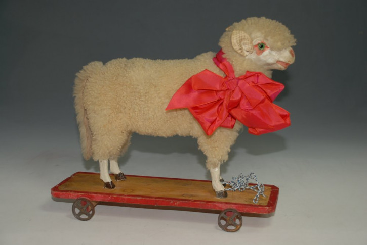 antique Pulltoy * wool sheep with vote & glass eyes * Germany at 1900