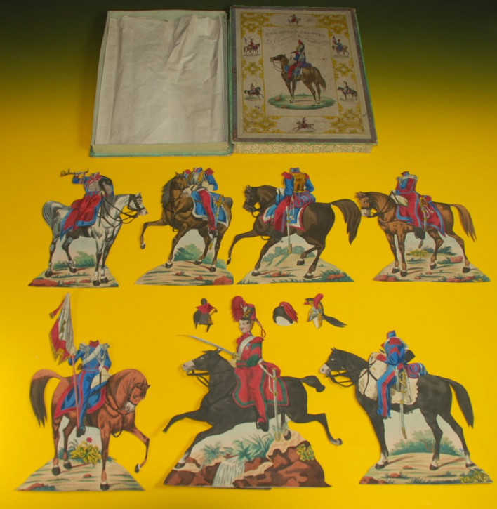 uraltes Militärspiel * Der Kavallerist * Papier handkoloriert Nürnberg um 1850-1860