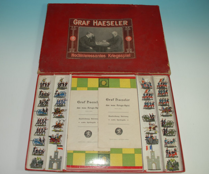 Graf Haeseler hochinteressantes Kriegsspiel 1. WK mit 32 Haffner Zinnfiguren im O.K. * um 1905