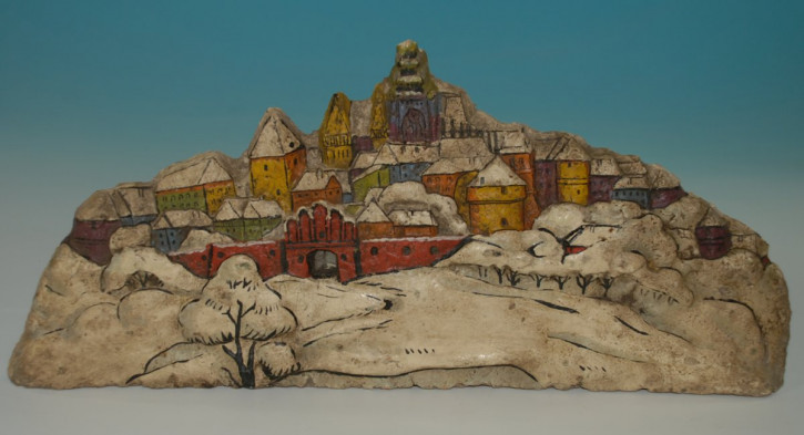Pappmaché Modell für Zinnfiguren * Mittelalterliche Stadt in Winter * um 1900