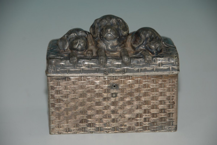uralte WMF Spardose * EMUMARKE * 3 Hundewelpen im Koffer EXPRESS * 1900-1910