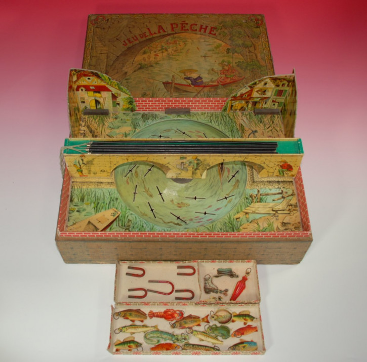 antique children game with clockwork & music box * fishing game * L. Saussine Paris before 1900