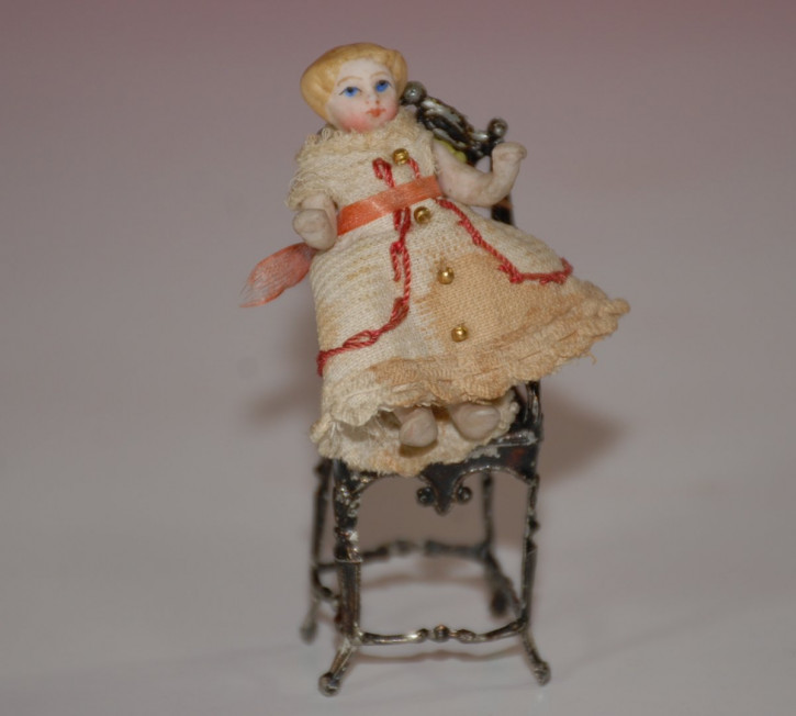 antique dollhouse children porcelain doll with tin high chair * c. 1860/1880