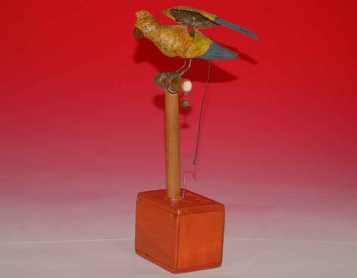 antique automaton with clock winding * Tin bird parrot on pole * Fa. Günthermann at 1900