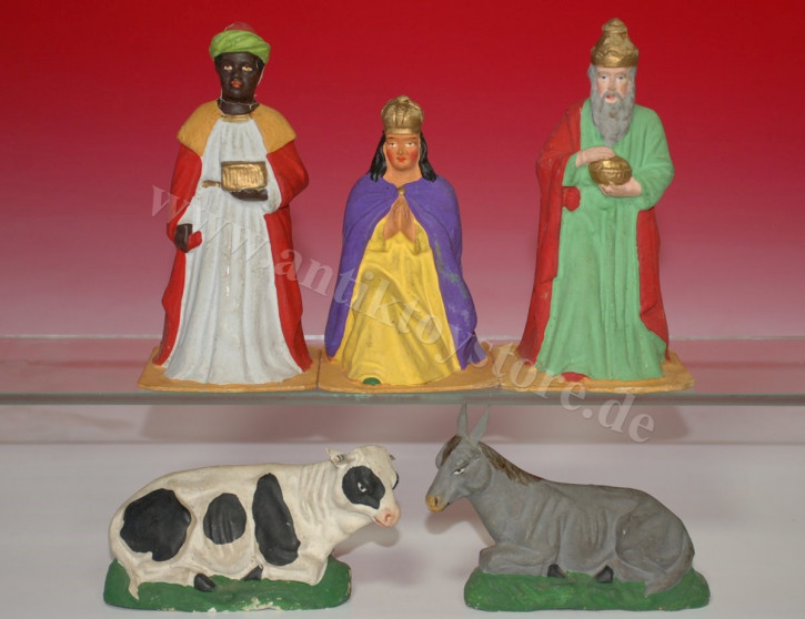 5 large antique nativity figures * 3 sacred kings, ox & donkey * at 1880