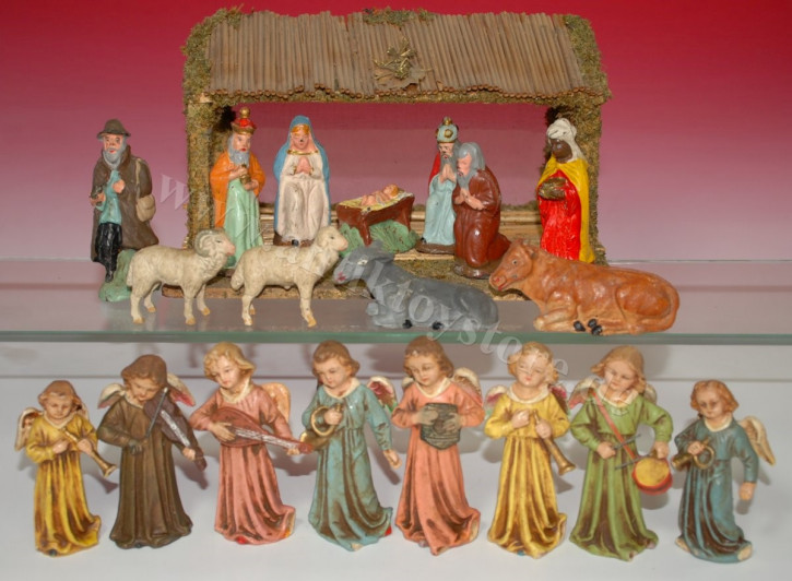 small nativity figures with paper mache figures and 8 musical angels * at 1900