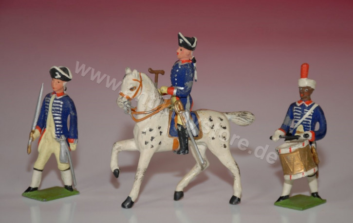 Heyde pewter figures * old Fritz on horseback, officer & drummer * around 1900