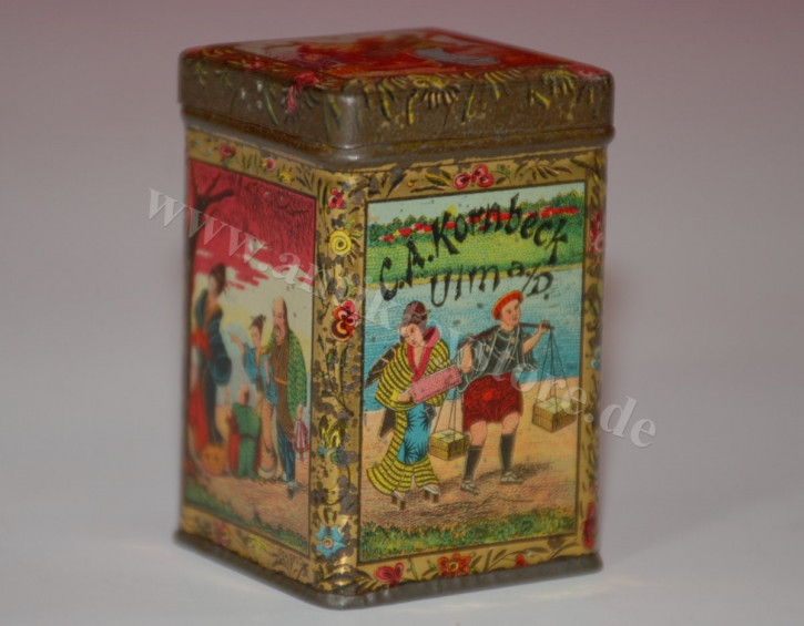 antique miniature shop tea tin with Asian motifs * C.A. Kornbeck Ulm at 1900