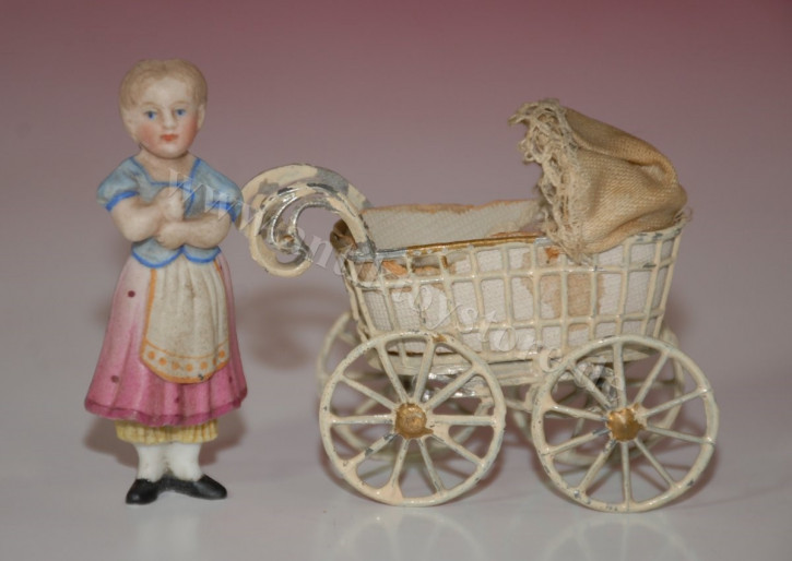 antique dollhouse pram with 2 porcelain dolls * at 1900