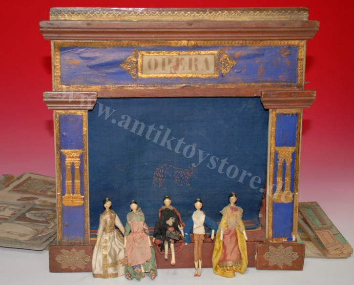 rare antique Biedermeier OPERA theater with 5 Grödnertal wooden dolls * at 1850/1860