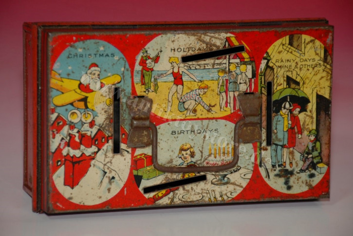 Money box with Santa Claus motif and more scenes * lithographed tin. * Burnett London 1920s