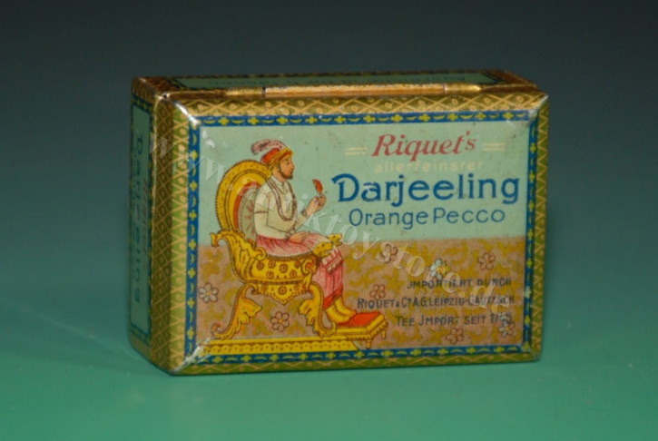 uralte Miniatur Riquet´s Kaufladen Blechdose * Darjeeling Tee * Leipzig um 1900