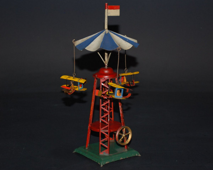 antique Pennytoy flying carousel brothers Wright model * sheet metal litho./handpainted * around 1910