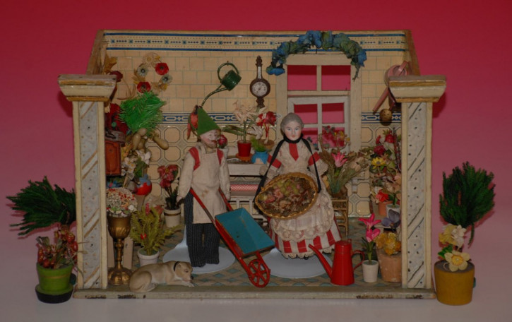 uralter Moritz Gottschalk Puppen Blumenladen mit viel Zubehör * um 1905/1910