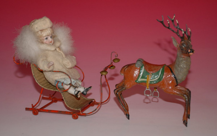 ancient winter sleigh with deer & porcelain doll * L 10.6 inch * around 1890