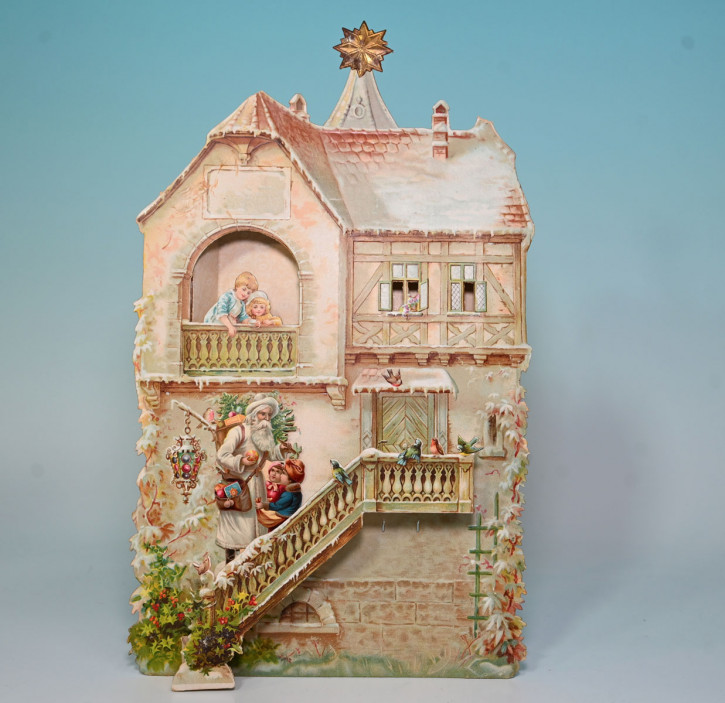 uralter seltener Weihnachtskalender Abreißkalender * Winterhaus mit Weihnachtsmann & Kinder * um 1890