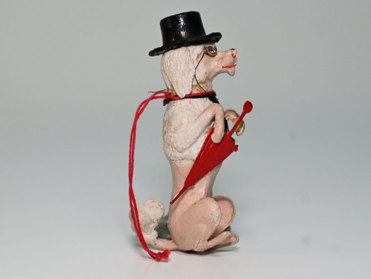 ancient Christmas tree decorations * Dresden cardboard - humanized royal poodle * around 1900