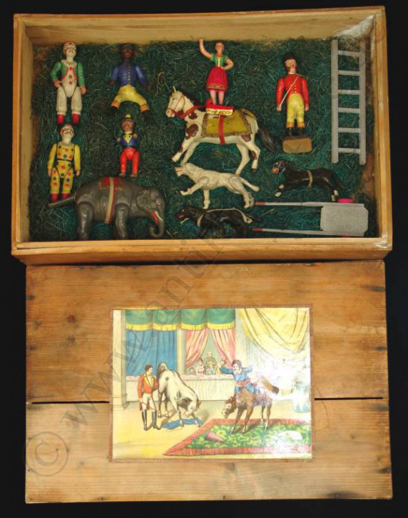 antique Cirkus with mobile figures in box * Germany at 1890