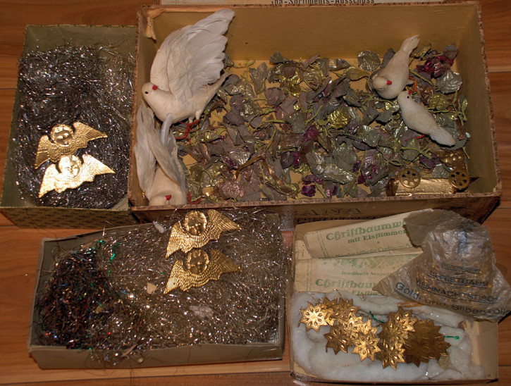 Christmas ornaments from cotton wool, cardboard & metal at 1900