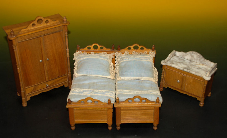 antikes Puppenstuben Schlafzimmer Möbel 4 Teile um 1880-1890