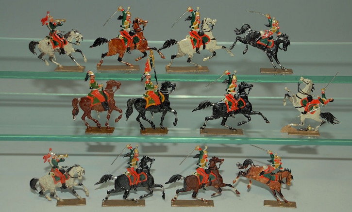 12 antike Zinnfiguren * franz. Dragoner im Kampf * vor 1900