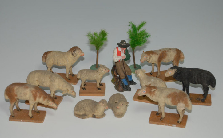antique Erzgebirge Shepherd scene * papier-mâché * at 1870