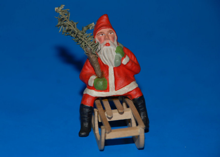 antike Erzgebirge Figur Weihnachtsmann mit Schlitten um 1900