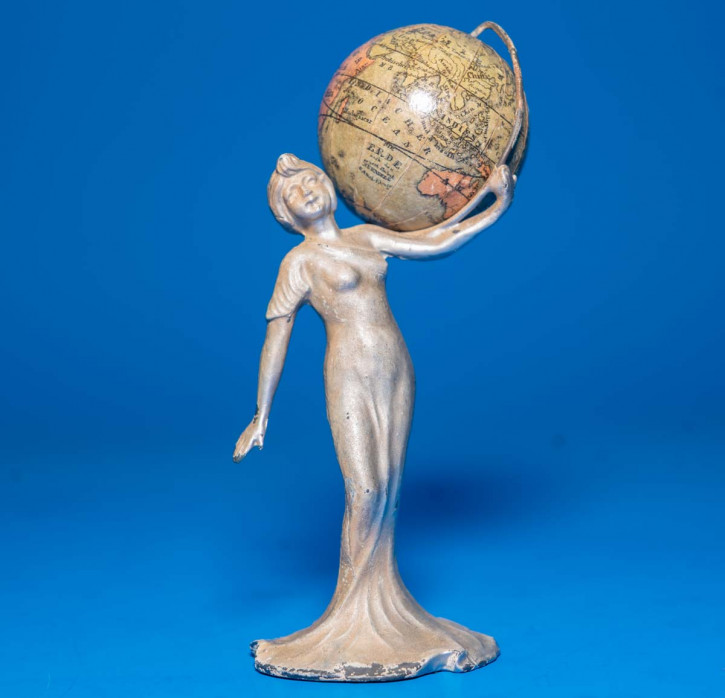 Miniature globe with Art Nouveau woman * pewter figure around 1900 * very rare!