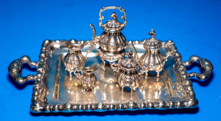 ancient miniature silver coffee & tea center piece with tray * around 1900