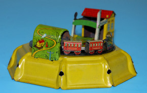 antikes Penny Toy Tisch Eisenbahnspiel Uhrwerk Litho. 20er J.