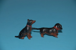 2 Miniatur Zinn Hunde * Dackel * Georg Heyde Dresden um 1900