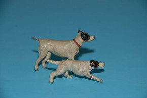 2 Miniatur Zinn Hunde * Terrier * Georg Heyde Dresden um 1900