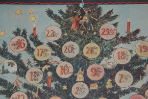 antiker Weihnachtskalender mit geschmückten Christbaum * 20er J.