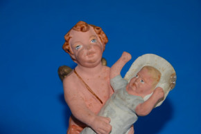 uralte Pappmaché Figur * Engel mit Baby * um 1850-1860