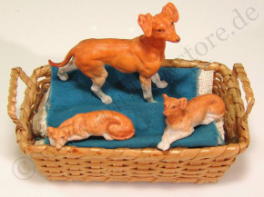 3 x uralte Puppenstuben Hunde im Korb * um 1880-1900