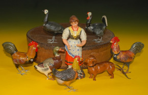 uralt Erzgebirge * große Pappmaché Bauernhof Figuren & Tiere mit Wackelköpfen * um 1880