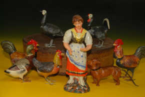 uralt Erzgebirge * große Pappmaché Bauernhof Figuren & Tiere mit Wackelköpfen * um 1880