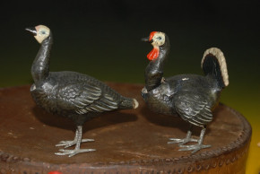 uralt Erzgebirge * große Pappmaché Bauernhof Figuren & Tiere mit Wackelköpfen * um 1880